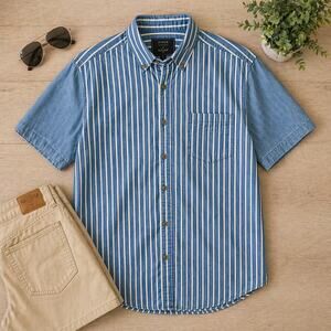 Blue White Striped Denim Shirt Men’s Medium Short Sleeve Button Down Casual